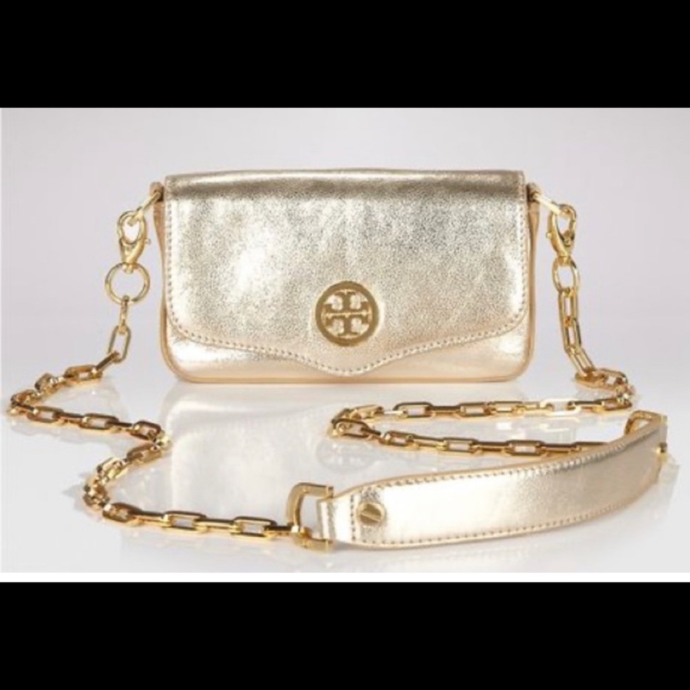 Tory Burch metallic gold crossbody handbag.